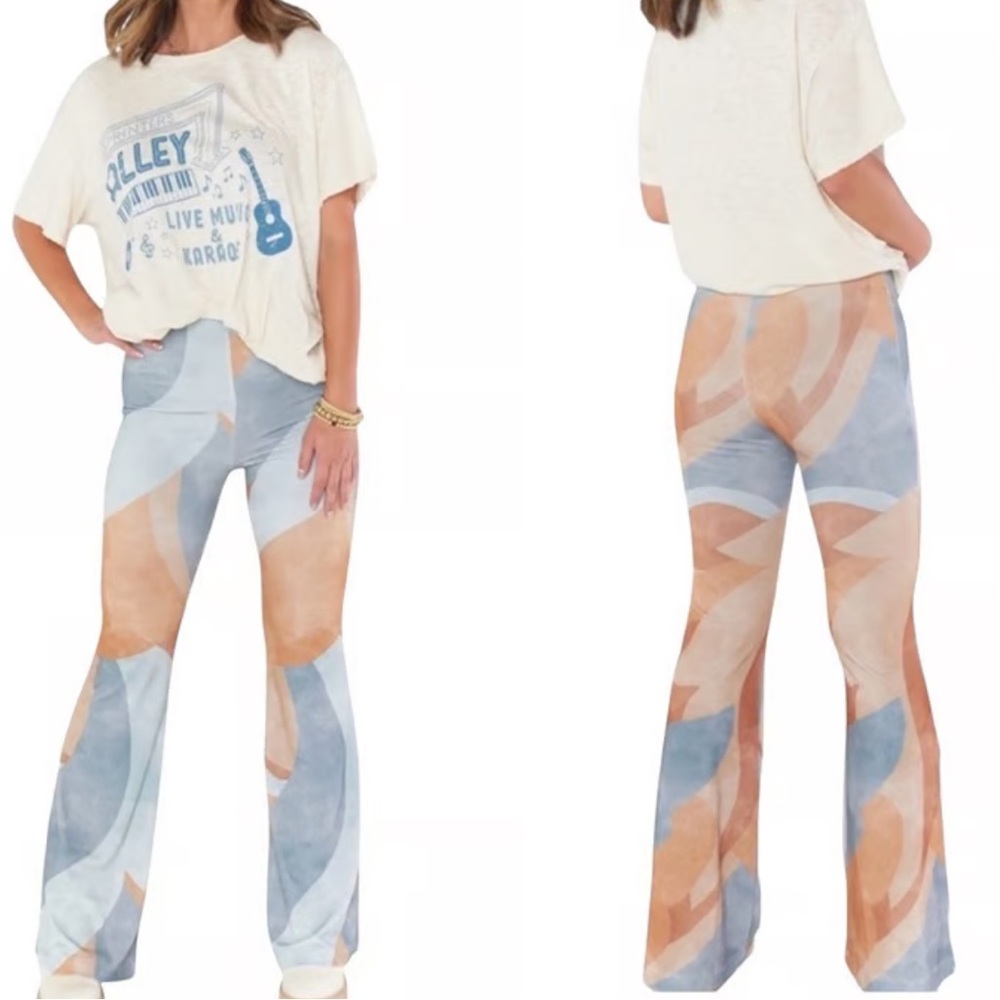 Show Me Your Mumu Maren Bells Flare Pants Tan & Blue Print XL – New With Tags - Picture 10 of 11